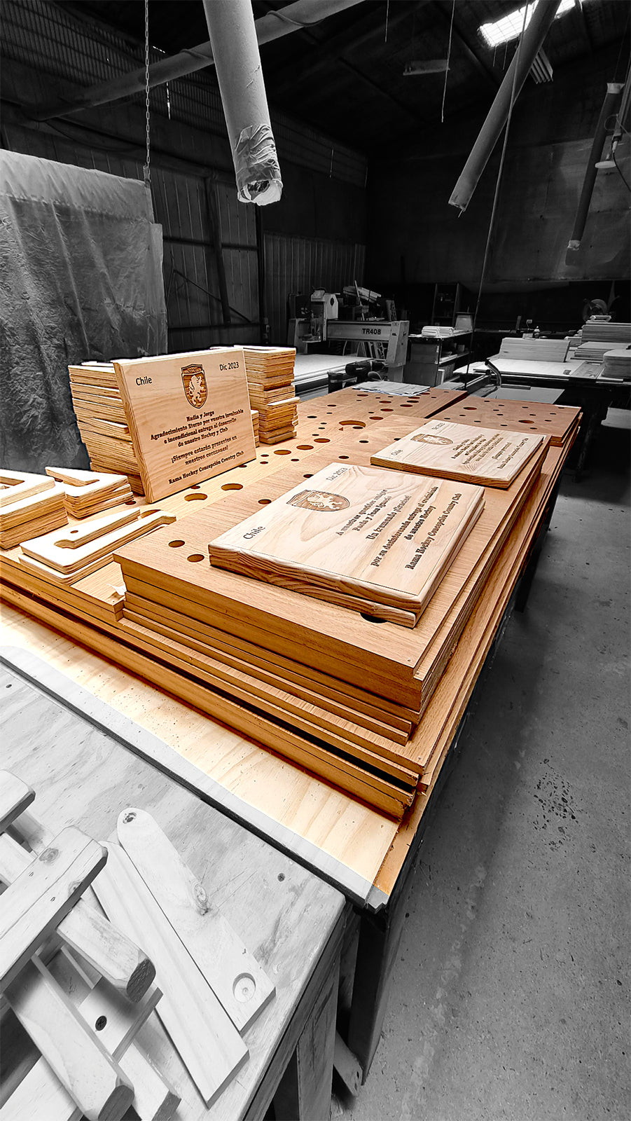 Letreros de madera grabados con laser sobre otras piezas de madera cortadas con router