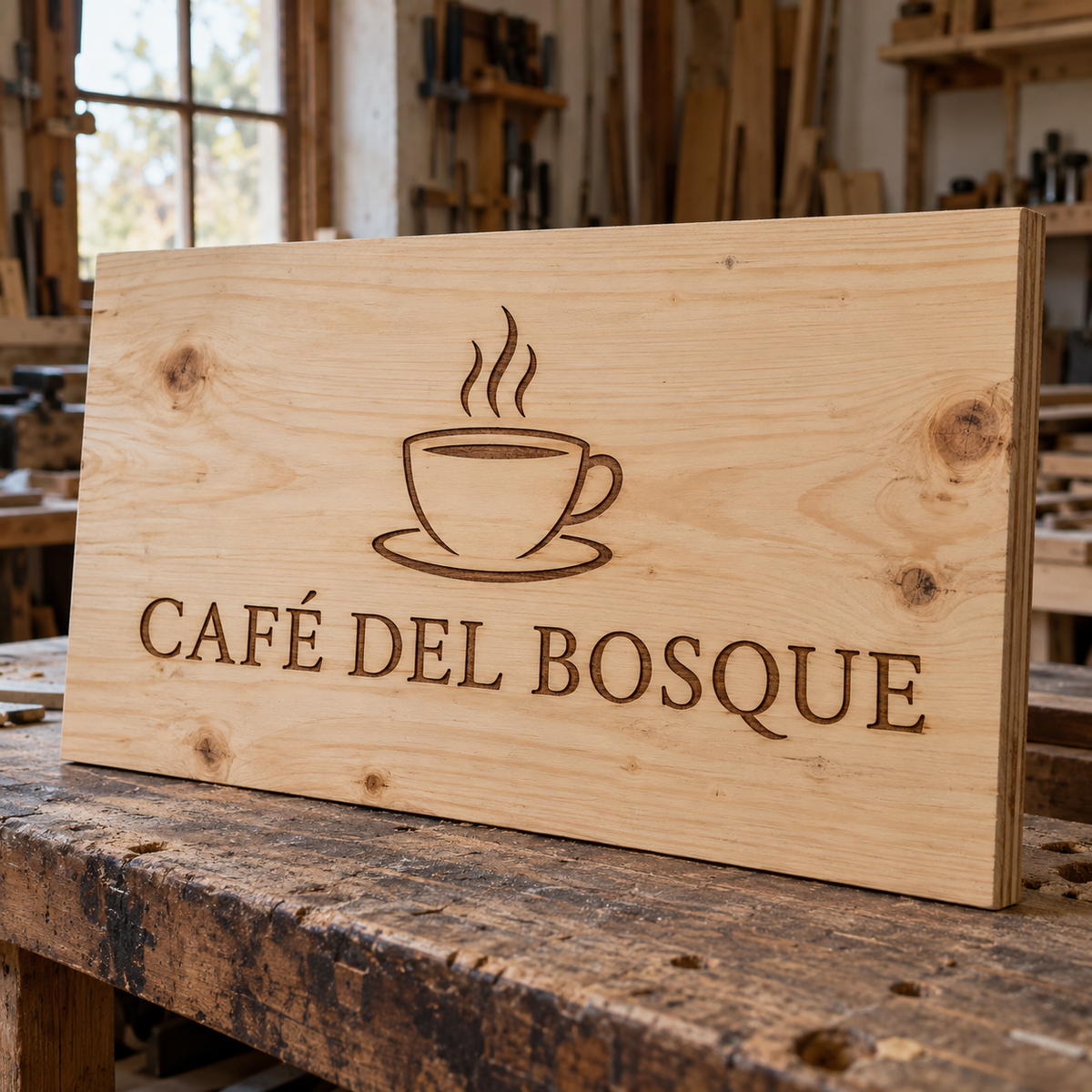 Letrero de madera grabado con diseño oscuro y fondo claro