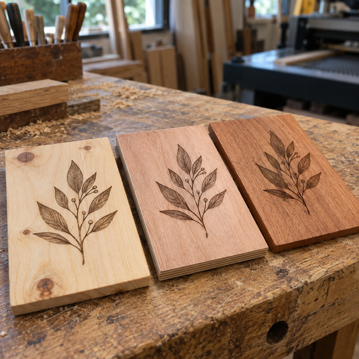 Tres maderas grabadas con laser sobre una mesa