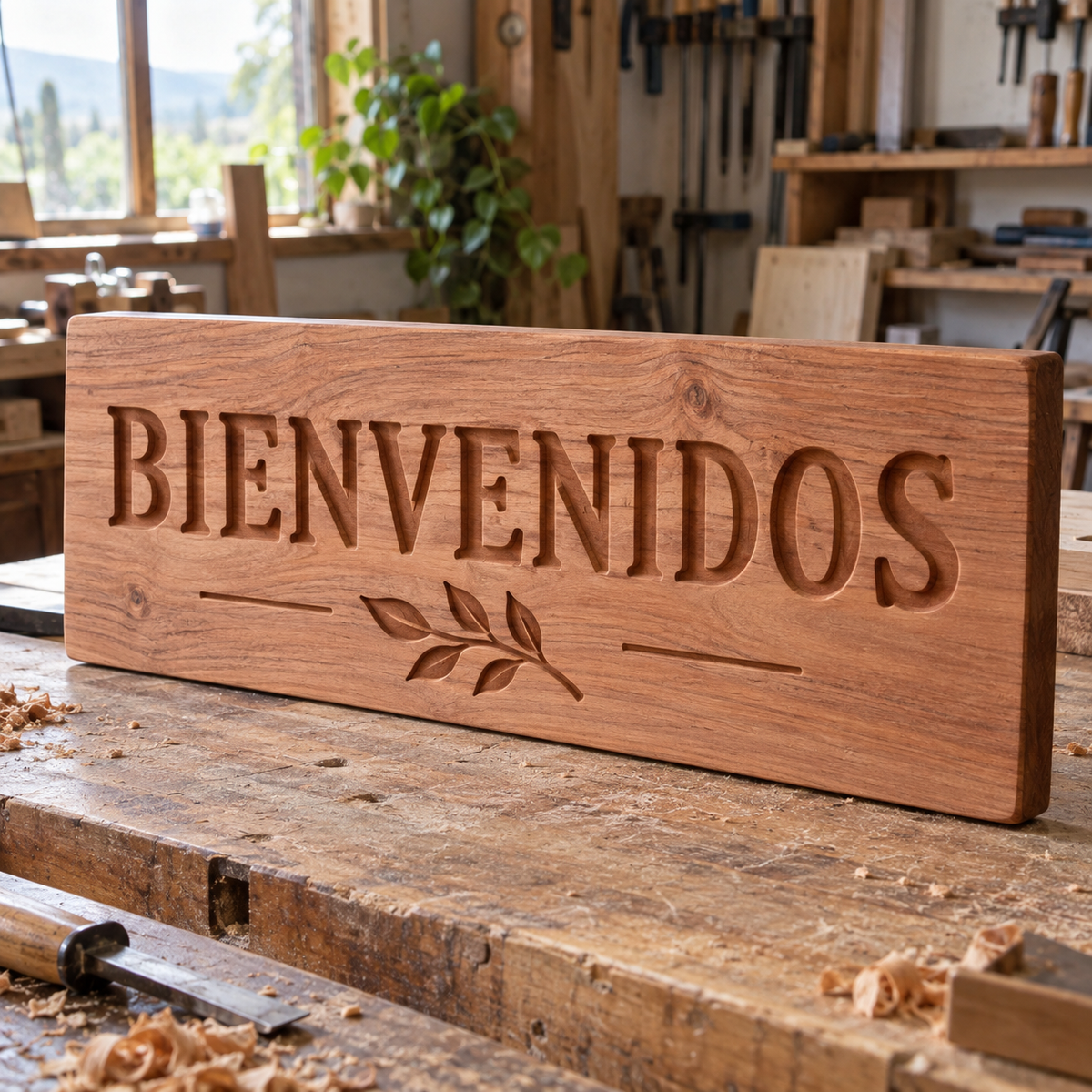 Letrero de madera tallado bajo relieve letras bienvenidos