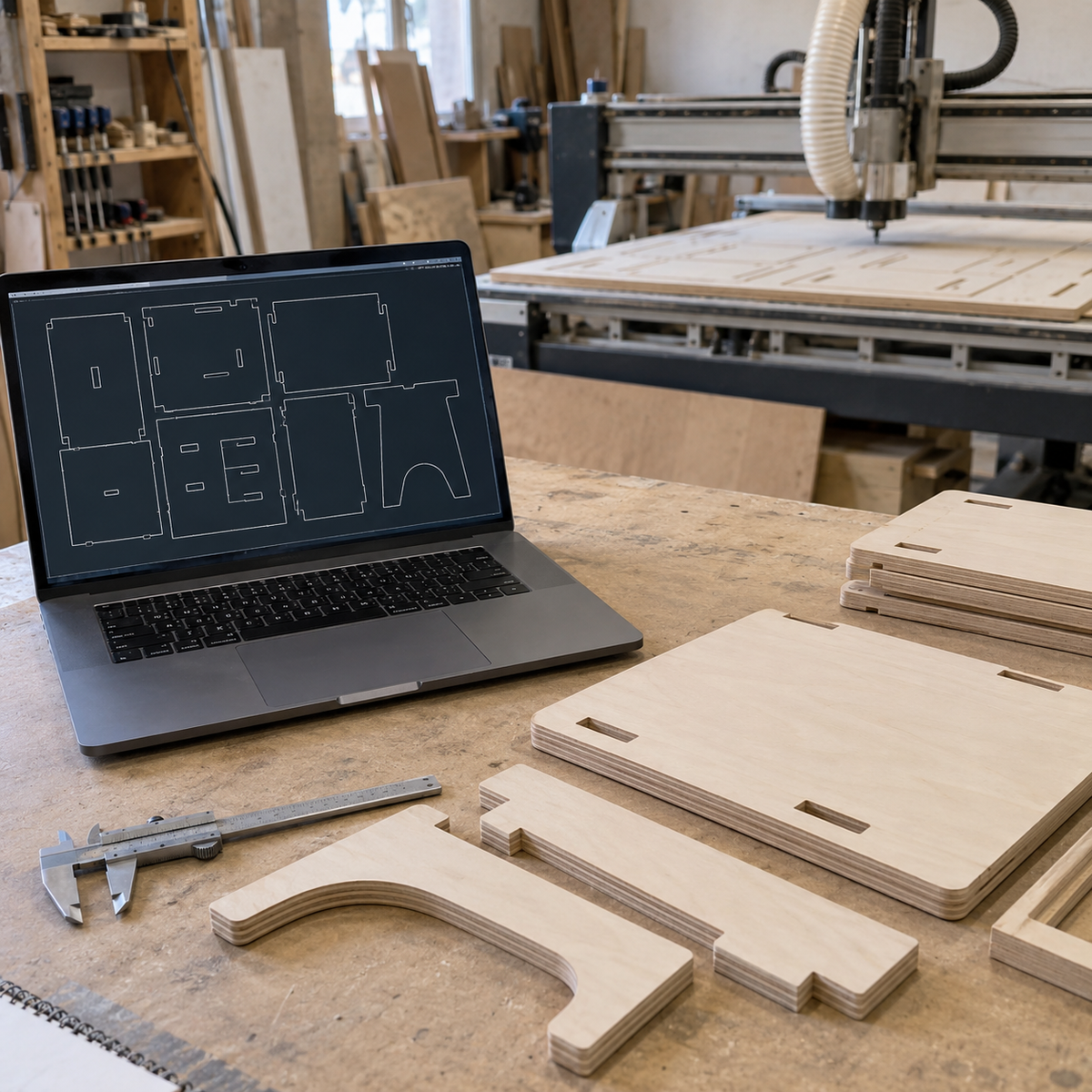 computador diseñando para cortar madera con router cnc