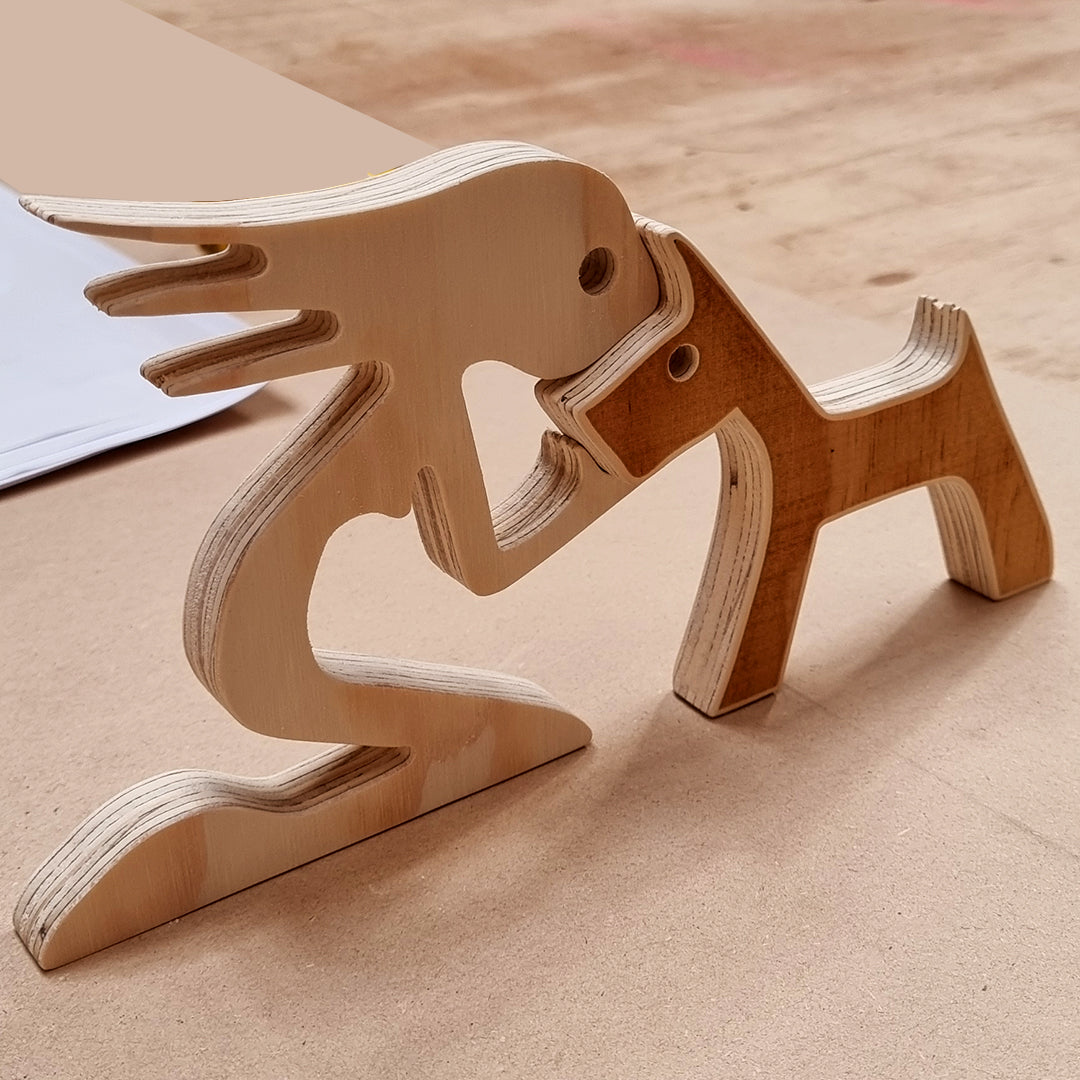 Piezas de madera terciado persona con su perro cortadas con router cnc
