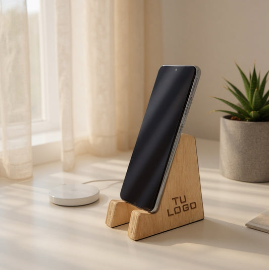 Producto de madera soporte para celular en una casa con fondo claro